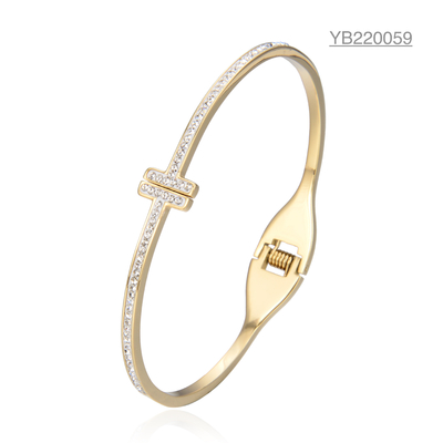 Royal Style T Shaped Full Diamond Bangle 14 Karat Gold Adjustable Bracelet