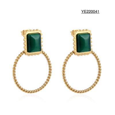 Retro Round Green Gem Drop Earrings 18k Gold Plated Stainless Steel Earrings