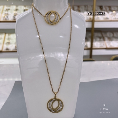 18k Gold Rhinestone Stainless Steel Jewelry Set Circle Overlap Necklace And Bangle Set