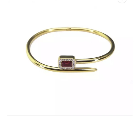 Luxury Red Ruby Diamond Studded Nail Bracelet 24k Gold Stainless Steel Bangle