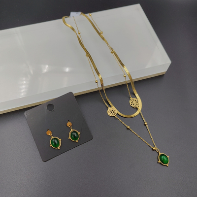 Newest Gold Color Stainless Steel  Earring ,Necklace , Bracelet Sets With Green Stone For Lady