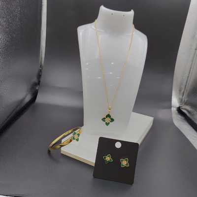 Newest Gold Color Stainless Steel  Earring ,Necklace , Bracelet Sets With Green Stone For Lady
