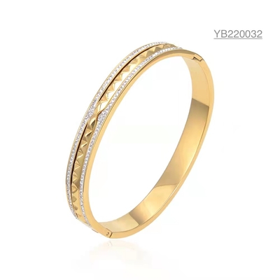 18k Gold Welt Womens Stainless Steel Bracelet Rhombus Inlaid Rhinestone Bangle
