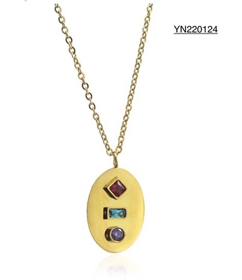 Trendy 14k CZ Gold Jewelry Tricolor Gemstone Tag Pendant Necklace
