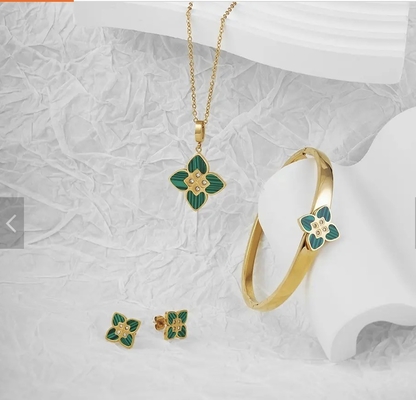 MINTER 3 Pcs Lucky Four-Leaf Clover Jewelry Shine Diamond Gold-Plated  Necklace Earrings Bracelet