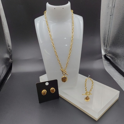 Newest Gold Color Stainless Steel  Earring ,Necklace , Bracelet Sets With Stone For Lady