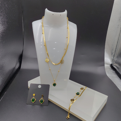 Newest Gold Color Stainless Steel  Earring ,Necklace , Bracelet Sets With Green Stone For Lady