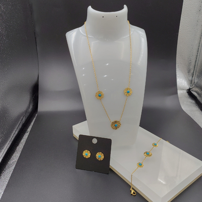 Newest Gold Color Stainless Steel  Earring ,Necklace , Bracelet Sets With Green Stone For Lady