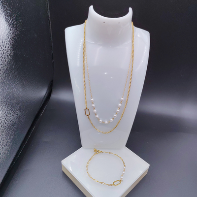 New Arrival Trendy Pearl Double Lines  Newest Gold Color Stainless Steel  Earring ,Necklace , Bracelet Sets  For Lady