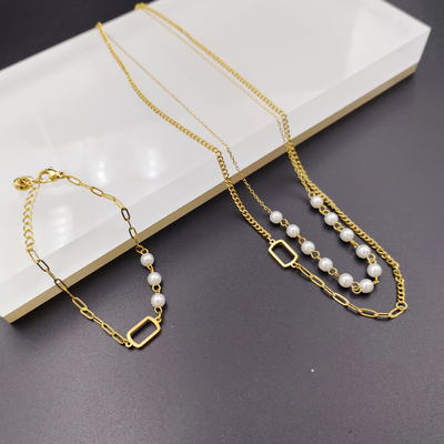New Arrival Trendy Pearl Double Lines  Newest Gold Color Stainless Steel  Earring ,Necklace , Bracelet Sets  For Lady