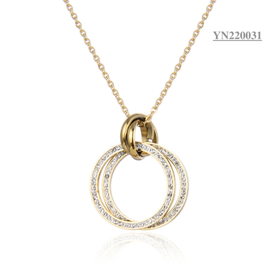 Gold Stainless Steel Fashion Necklaces Double Rhinestone Ring Pendant Necklace