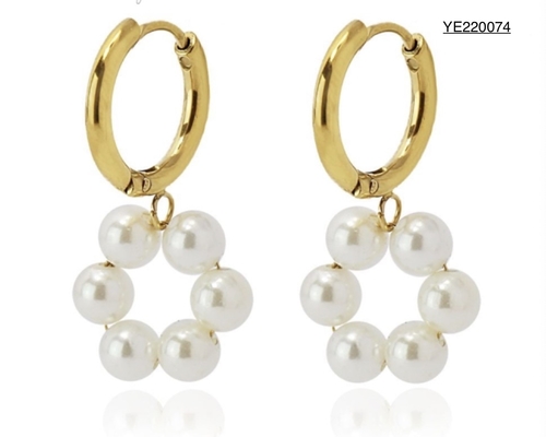 Delicate Woman Dangler Circle Pearl Drop Earrings Gold Stainless Steel Earrings