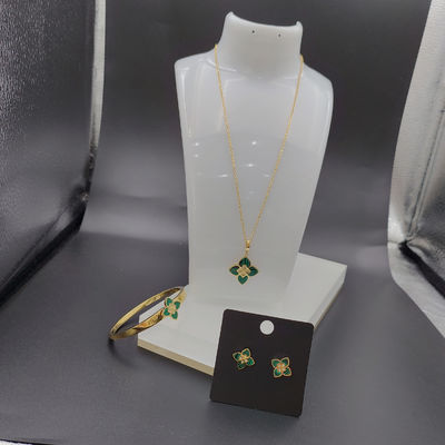 Newest Gold Color Stainless Steel  Earring ,Necklace , Bracelet Sets With Green Stone For Lady